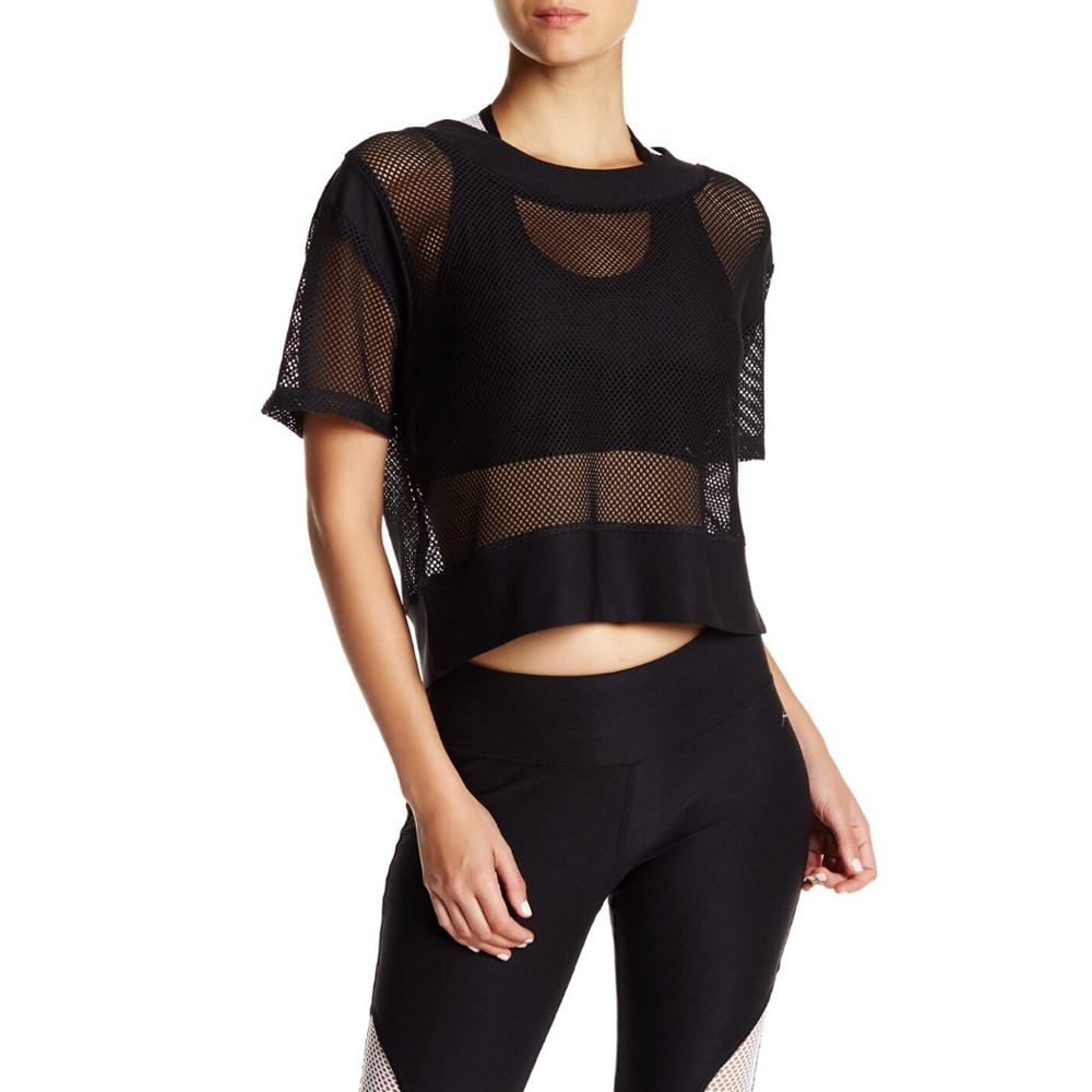 X By Gottex Black Short-Sleeved Boxy Mesh Crop Top - NWOT